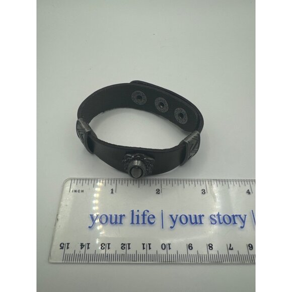 Handcrafted Leather Bracelet With Ornate Metal Accents & Snap Closure - Picture 6 of 7